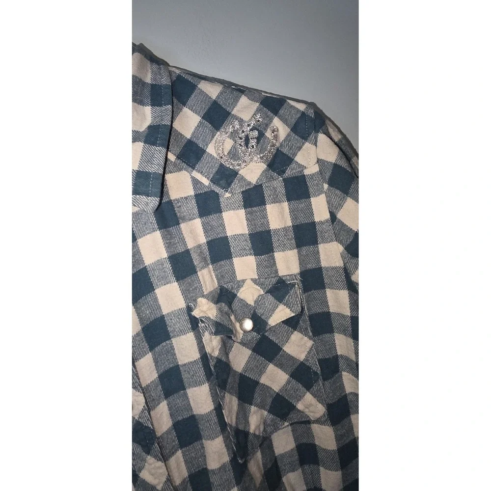 Bit & Bridle Women's Pearl Snap Western Flannel Shirt Teal & White Sz XL Cowgirl